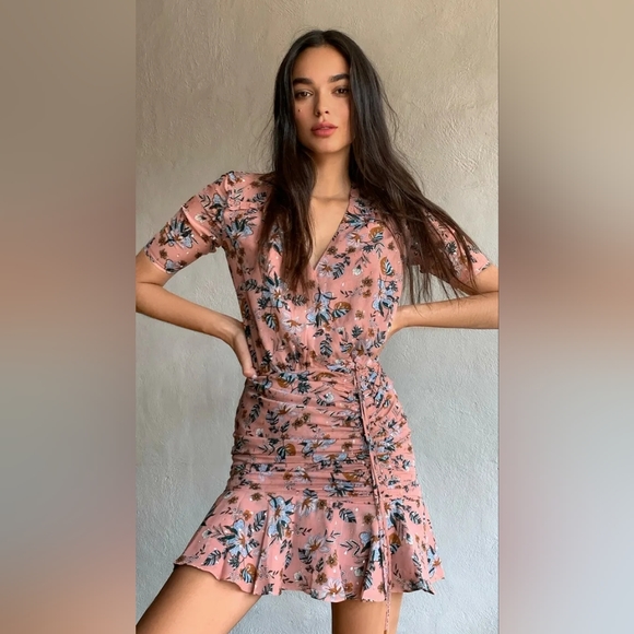 VERONICA BEARD Dakota Floral Silk Pink Mauve Multi Ruched Dress Sz 14 - Picture 4 of 7